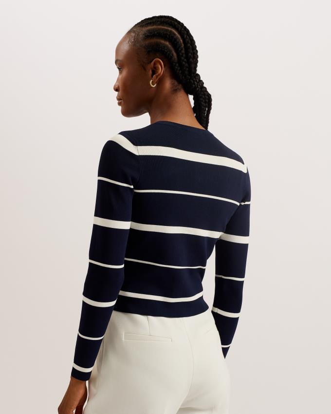 Cardigan Ted Baker Striped Crew Neck Fitted Bleu Marine Femme | AXL-19868005